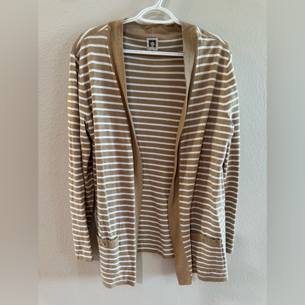 Anne Klein Striped Knit Cardigan in Beige and White, Sz XL